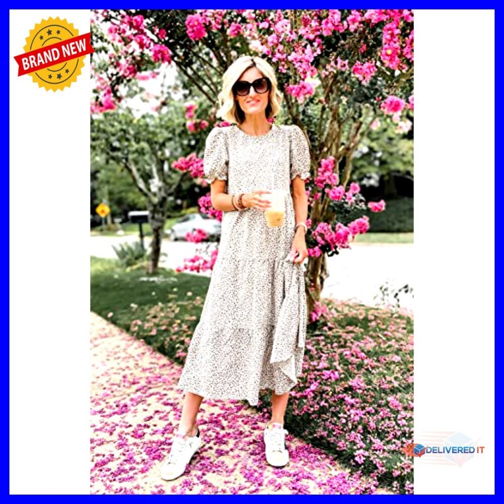 Floral Boho Midi Dress Puff Sleeve Flowy Vintage Elegant Summer Casual - Picture 4 of 7